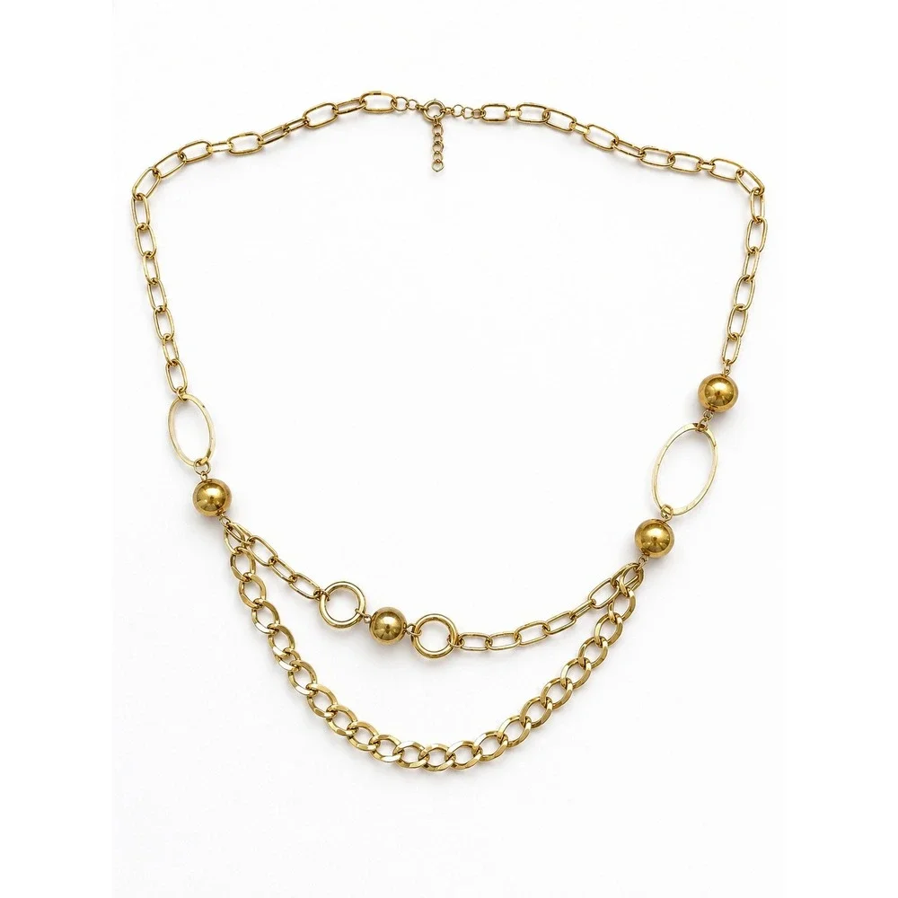 Vintage Gold Tone Asymmetrical Layered Chain Necklace – Mixed Links Statement